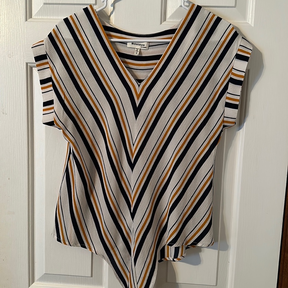 Blue, yellow, white striped blouse